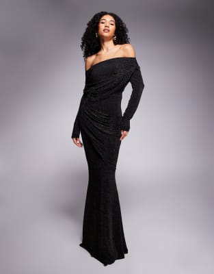 Goddiva Off the shoulder gathered panel sparkle maxi dress in blackgold - view 1