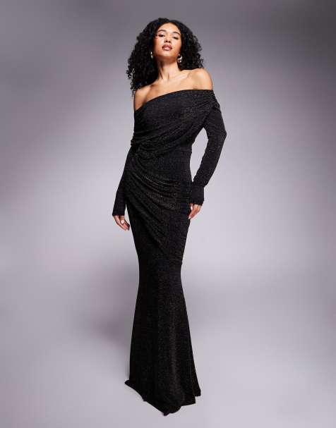 Goddiva Off the shoulder gathered panel sparkle maxi dress in blackgold