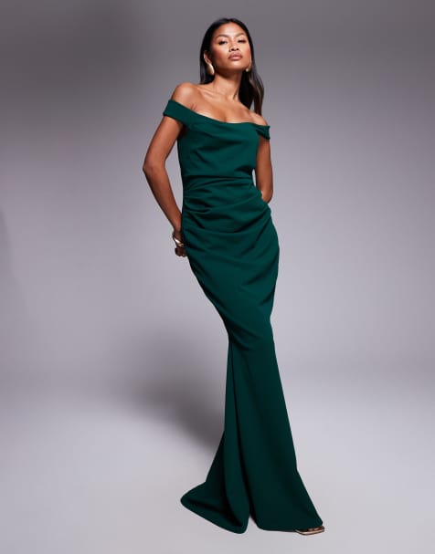 Goddiva Off The Shoulder MAXi Dress in Emerald in Scuba-Style Fabric - view 1