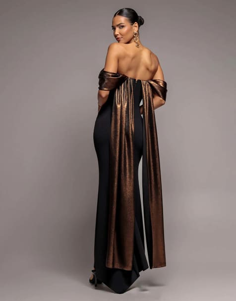 Goddiva Off the shoulder mirror foil angel wing cape maxi dress in black - view 1