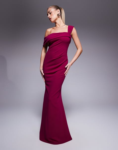 Goddiva Off the shoulder pleated waist maxi dress in berry