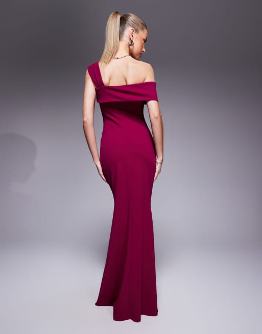 Goddiva Off the shoulder pleated waist maxi dress in berry, 4 of 4