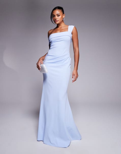 Goddiva Off the shoulder pleated waist maxi dress in blue