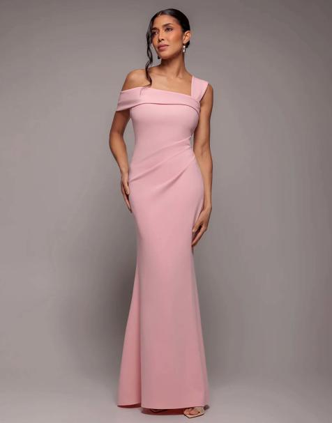 Goddiva Off the shoulder pleated waist maxi dress in blush