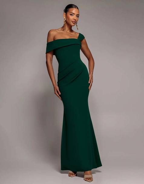 Goddiva Off the shoulder pleated waist maxi dress in emerald - view 1
