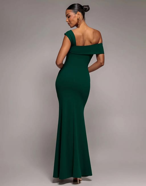 Goddiva Off the shoulder pleated waist maxi dress in emerald, 2 of 4