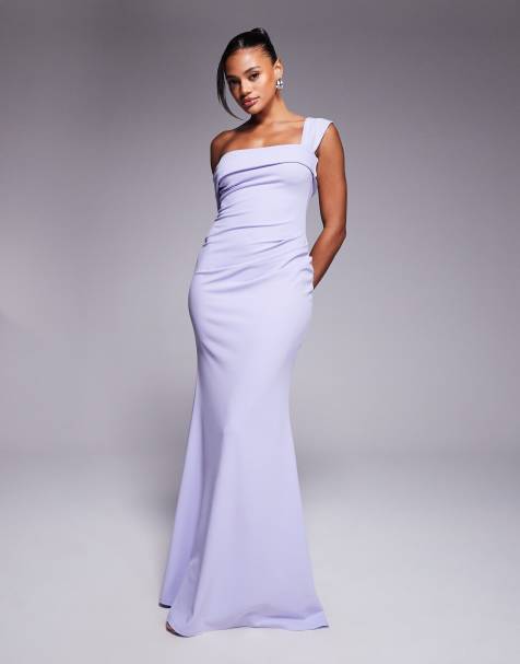 Goddiva Off the shoulder pleated waist maxi dress in lilac