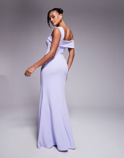Goddiva Off the shoulder pleated waist maxi dress in lilac, 4 of 4