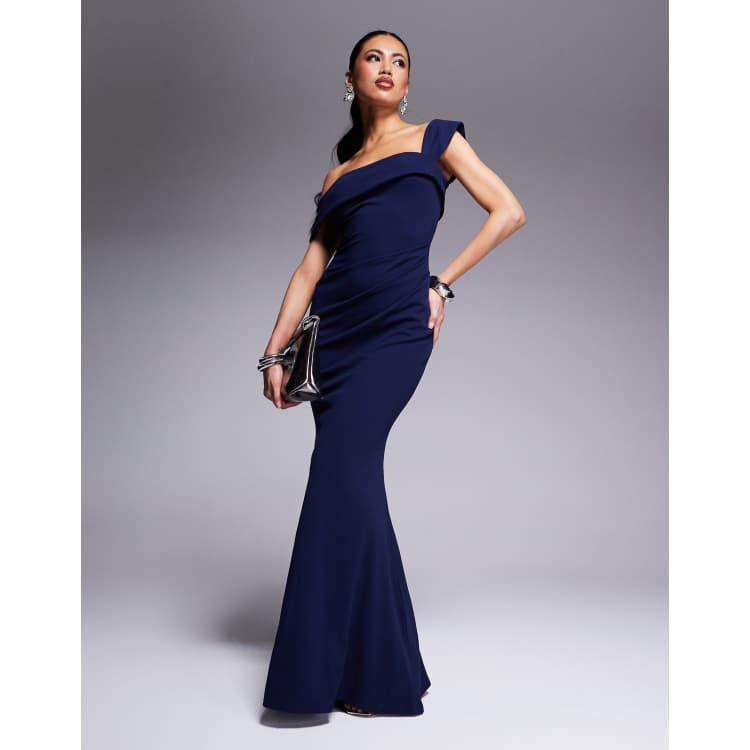 Goddiva Off the shoulder pleated waist maxi dress in navy | ASOS