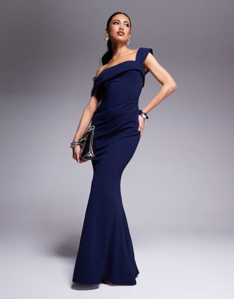 Goddiva Off the shoulder pleated waist maxi dress in navy