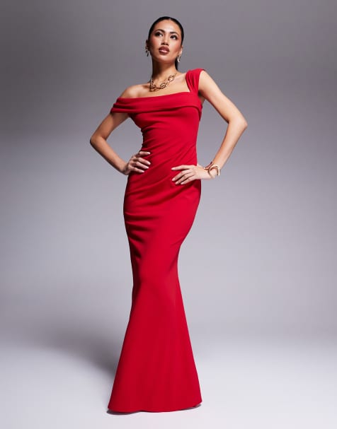 Goddiva Off the shoulder pleated waist maxi dress in red