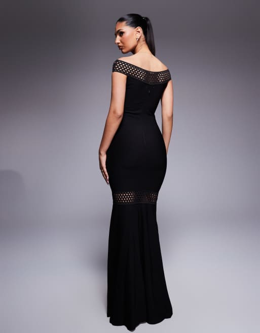 Goddiva Off the shoulder ribbed bodycon maxi dress in black, 2 of 4
