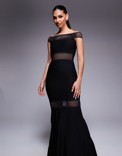 Goddiva Off the shoulder ribbed bodycon maxi dress in black, 4 of 4