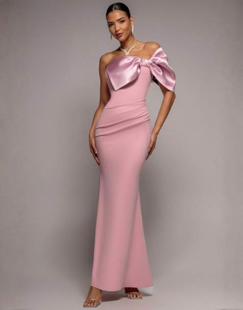 Goddiva Off the shoulder satin bow neck maxi dress in blush - view 1