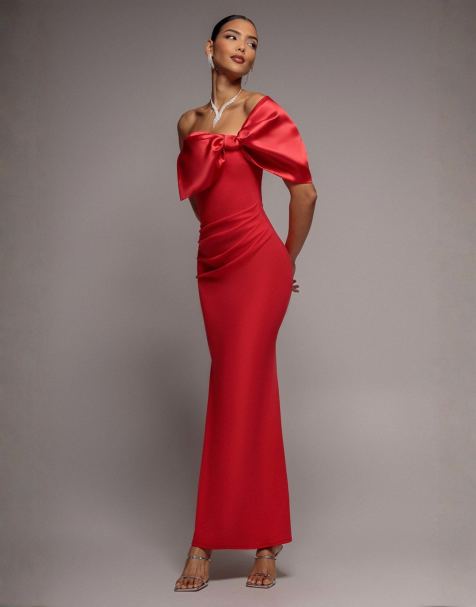 Goddiva Off the shoulder satin bow neck maxi dress in red - view 1