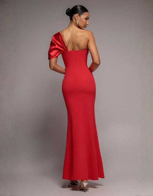 Goddiva Off the shoulder satin bow neck maxi dress in red, 2 of 4