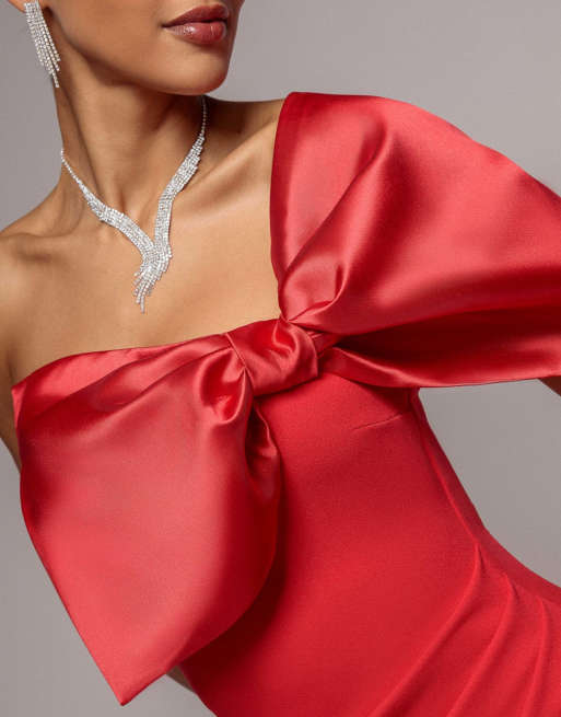 Goddiva Off the shoulder satin bow neck maxi dress in red, 3 of 4