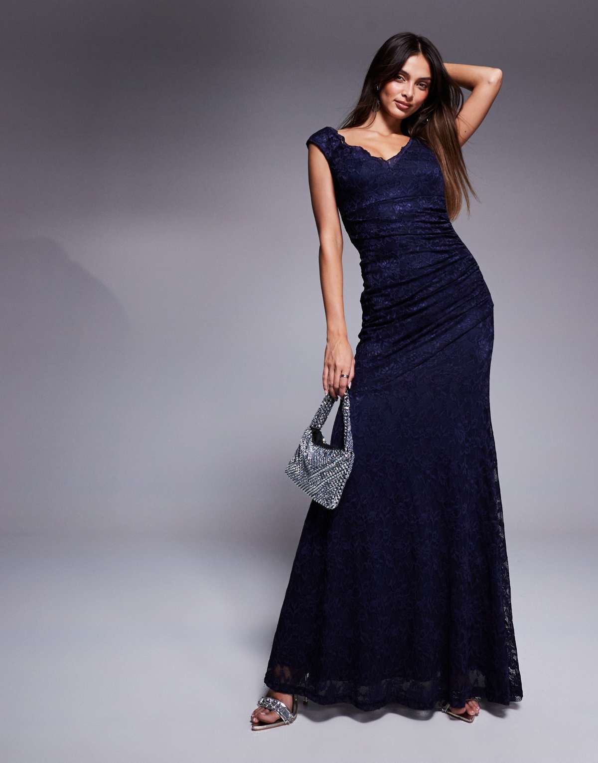 Goddiva Off the shoulder scalloped neck maxi dress in navy