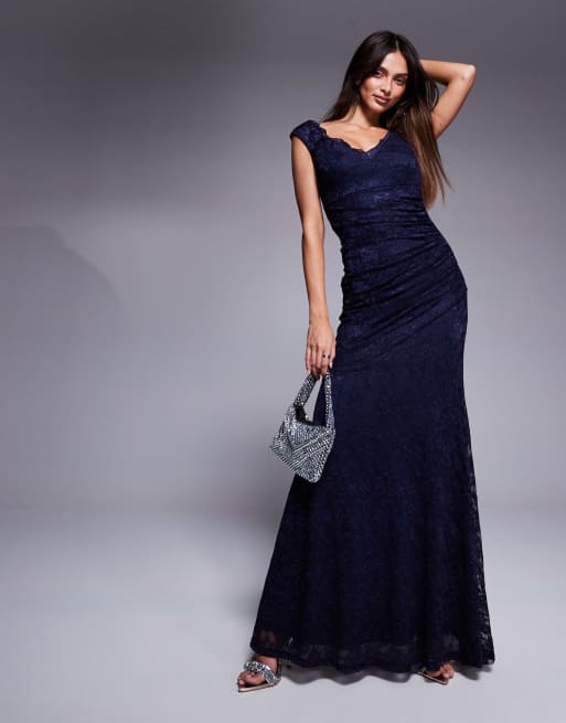 Goddiva Off the shoulder scalloped neck maxi dress in navy