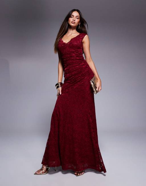 Goddiva Off the shoulder scalloped neck maxi dress in wine