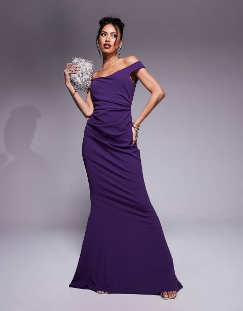 Goddiva Off the shoulder scuba maxi dress in purple - view 1