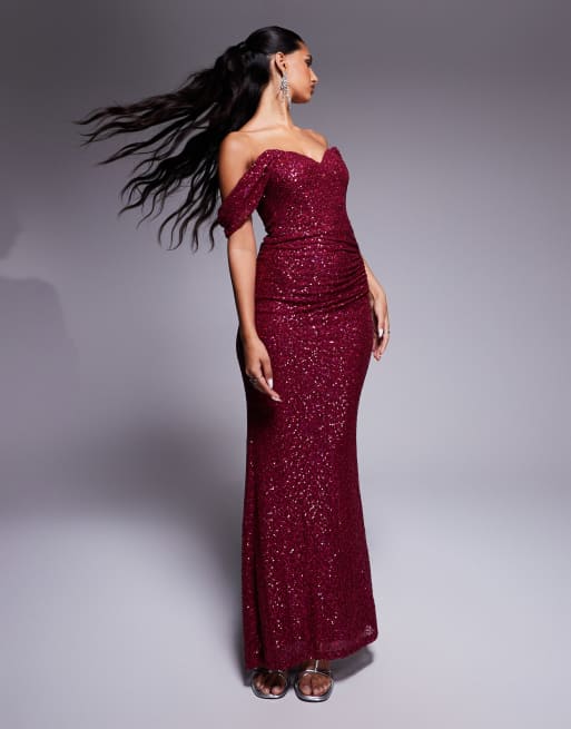 Goddiva Off the shoulder sequin wing maxi in burgundy