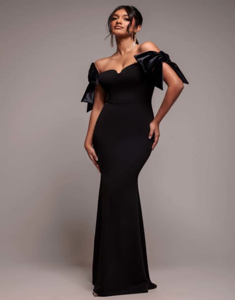 Goddiva Off the shoulder velvet bow maxi dress in black - view 1