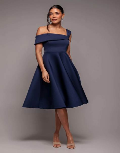 Goddiva One shoulder a line midi dress in navy