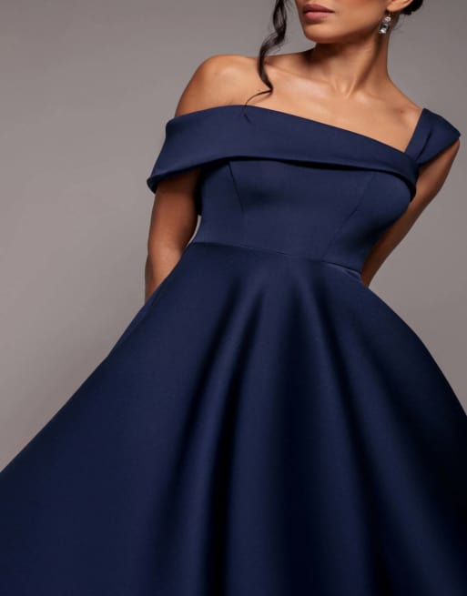 Goddiva One shoulder a line midi dress in navy | ASOS