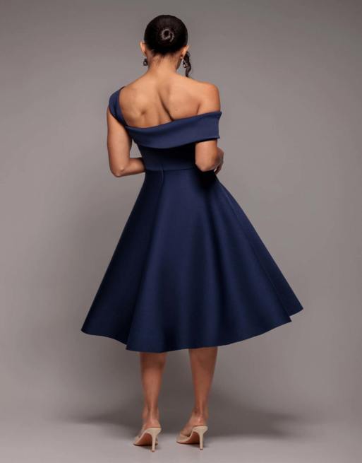 Goddiva One shoulder a line midi dress in navy | ASOS