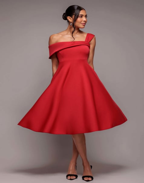 Goddiva One shoulder a line midi dress in red - view 1