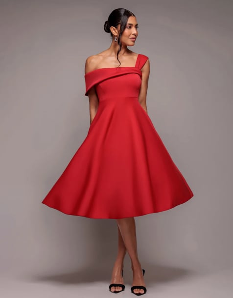 Goddiva One shoulder a line midi dress in red