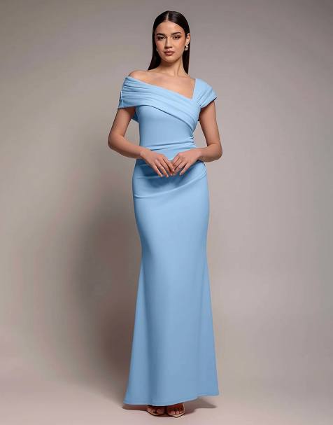 Goddiva One shoulder asymmetric sculpting stretch jersey crepe maxi dress in powder blue