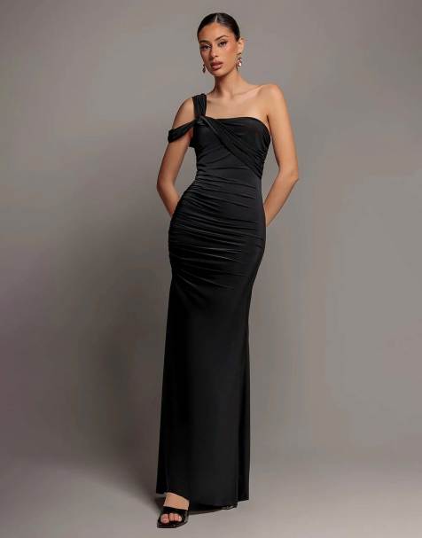 Goddiva One shoulder asymmetric twist maxi dress in black - view 1