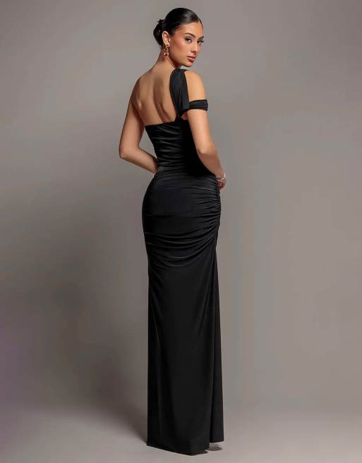 Goddiva One shoulder asymmetric twist maxi dress in black, 2 of 4