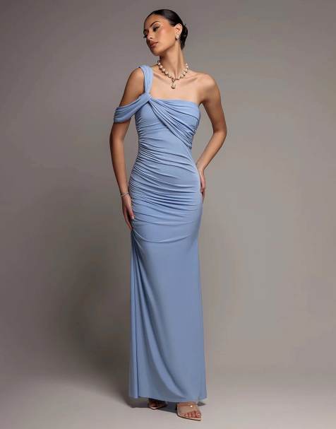 Goddiva One shoulder asymmetric twist maxi dress in blue - view 1