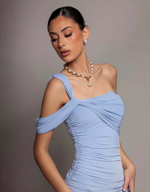 Goddiva One shoulder asymmetric twist maxi dress in blue, 4 of 4