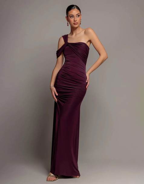 Goddiva One shoulder asymmetric twist maxi dress in burgundy - view 1