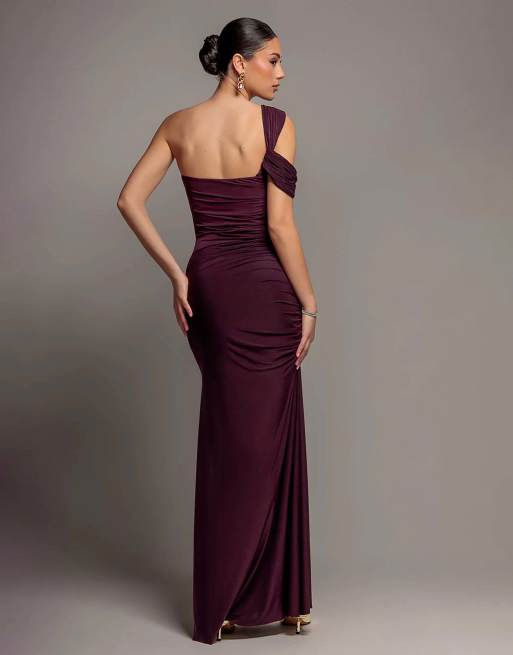 Goddiva One shoulder asymmetric twist maxi dress in burgundy, 2 of 4