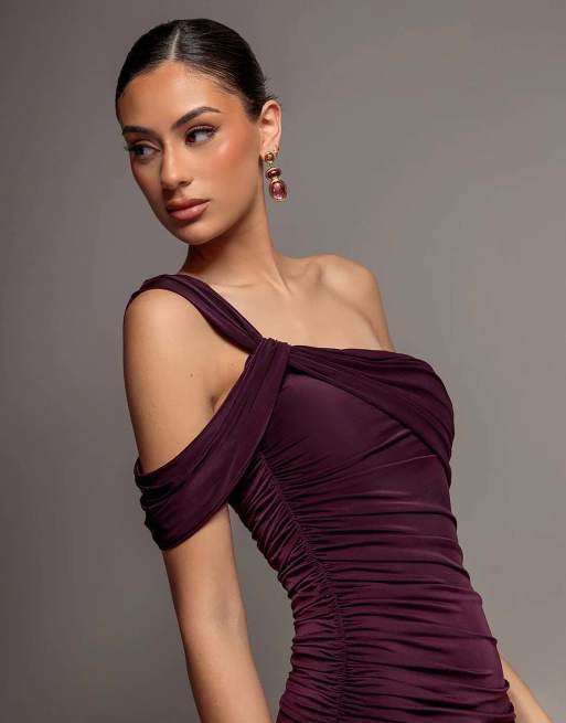 Goddiva One shoulder asymmetric twist maxi dress in burgundy, 3 of 4