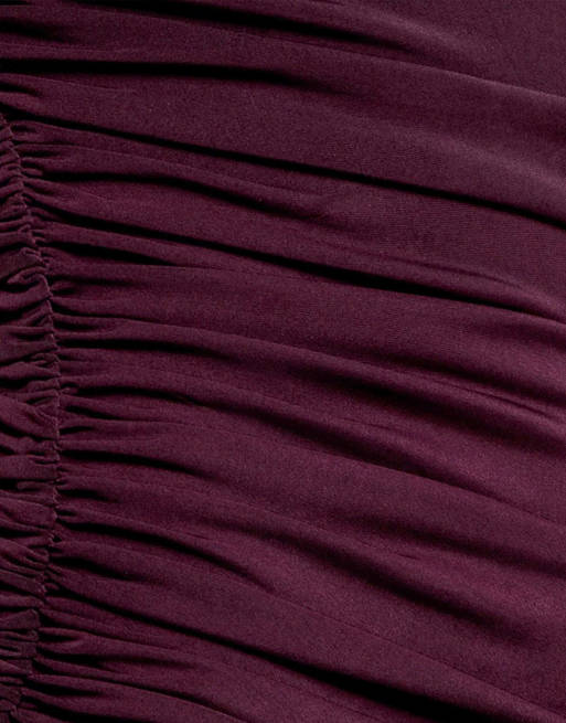Goddiva One shoulder asymmetric twist maxi dress in burgundy, 4 of 4