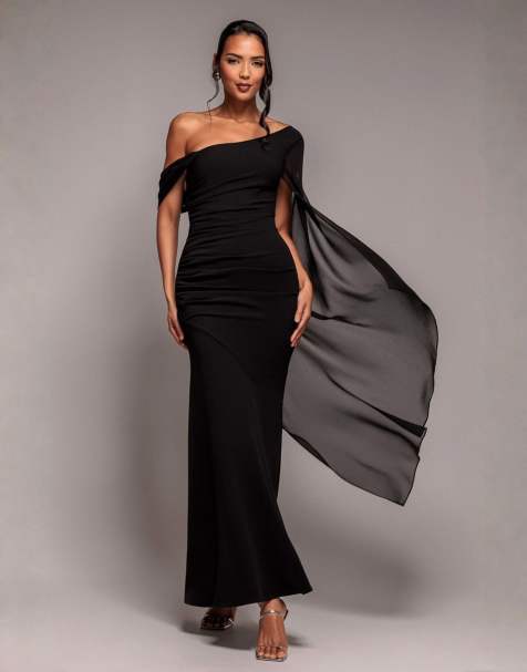 Goddiva One shoulder cape sculpting stretch jersey & chiffon maxi dress in black - view 1