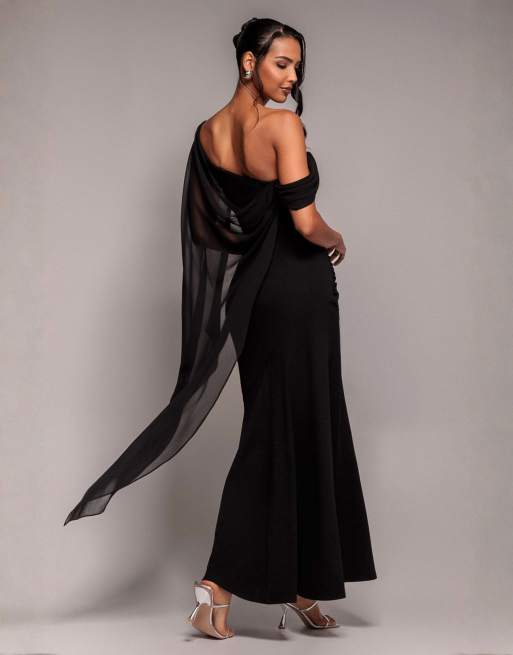 Goddiva One shoulder cape sculpting stretch jersey & chiffon maxi dress in black, 2 of 4
