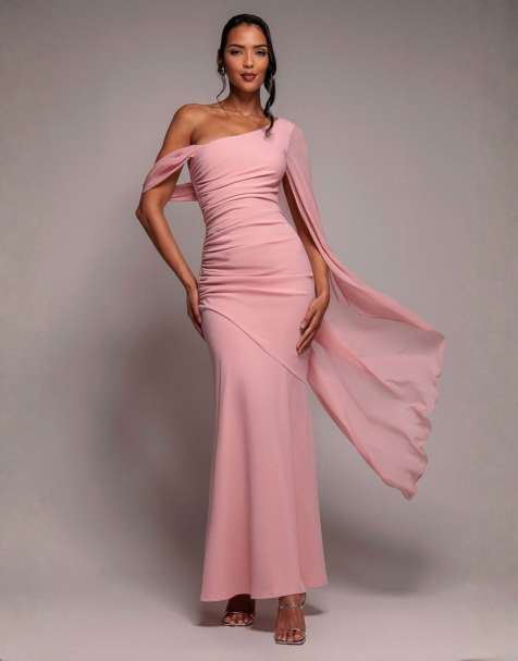 Goddiva One shoulder cape sculpting stretch jersey & chiffon maxi dress in blush