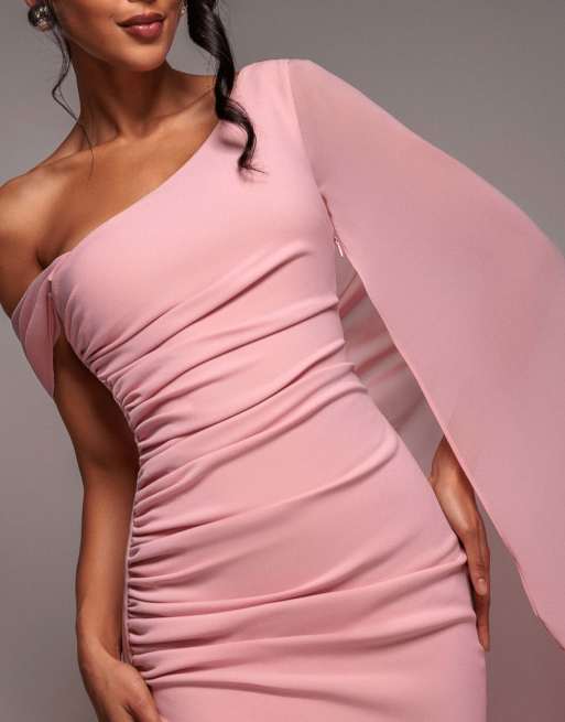 Goddiva One shoulder cape sculpting stretch jersey & chiffon maxi dress in blush, 3 of 4