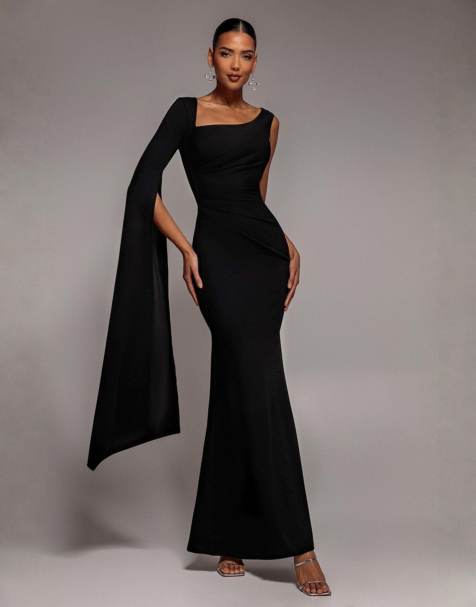 Goddiva One shoulder cape sleeve maxi dress in black - view 1