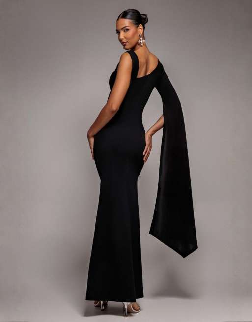 Goddiva One shoulder cape sleeve maxi dress in black, 2 of 4
