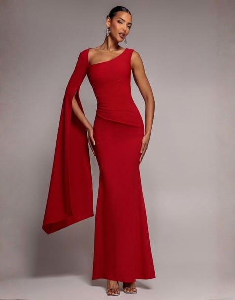 Goddiva One shoulder cape sleeve maxi dress in red