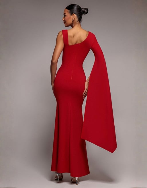 Goddiva One shoulder cape sleeve maxi dress in red, 2 of 4