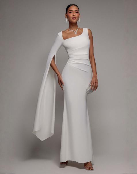 Goddiva One shoulder cape sleeve maxi dress in white - view 1